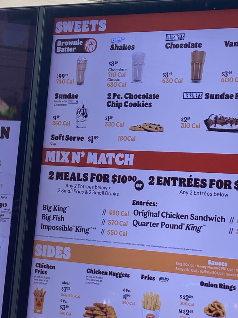 Burger King Milkshakes Menu